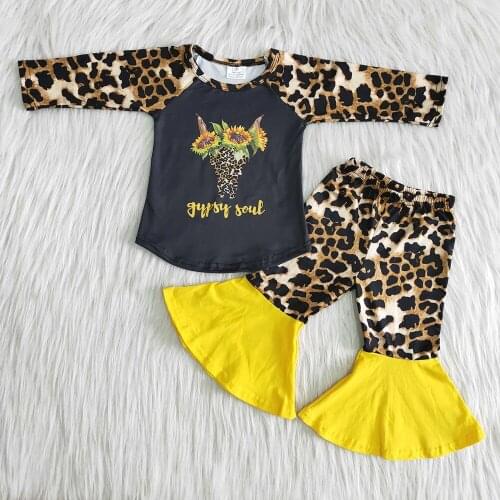 Toddler Girl Winter Long Sleeve Clothes With Leopard kids Fashion Cow Top And Bells 2Pieces Set Girls Sunflowers Outfits