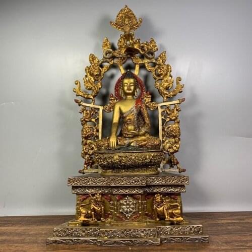 16" Tibet Buddhism Temple bronze Painted Three-body Shakyamuni Buddha Statue Medicine Buddha Amitabha