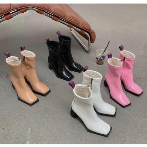 2022 INS Winter Luxury Women Square Toe Ankle Boots High Heels Western Cowgirl Boots Designer Pink White Chunky Heels Boot Shoes