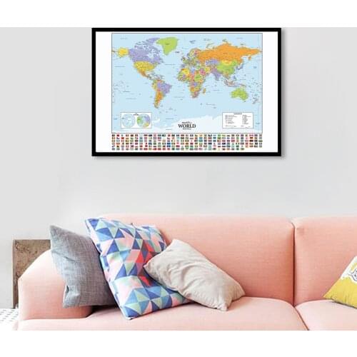 3*2 Feet The World Political Map with National Flags HD Canvas Painting Wall Poster School Supplies Classroom Home Decor