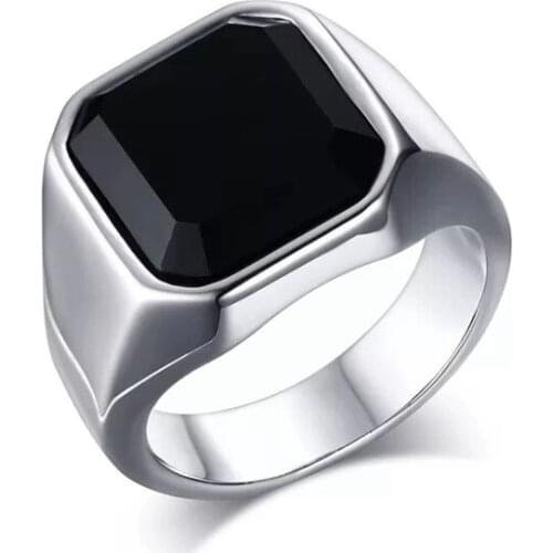 Biker Ring Cool Polishing Black Square Stone Titanium Ring for Man 316L Stainless Steel Unique Fashion Males