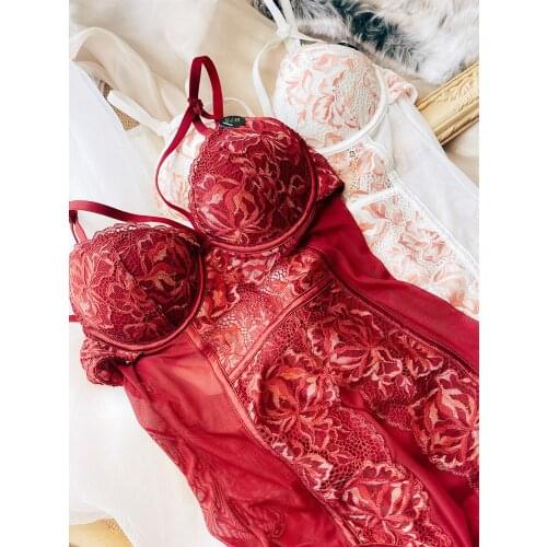 Bra Sexy Lace Thicken Gathering Underwear Body-sculpting One-piece Soft Steel Ring Deep V Corset Transparent Abdomen Lingerie