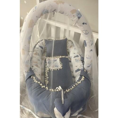 Jaju Baby Handmade, Denim Pique Fabric Muslin Fabric Pompom Babynest and Quilt Toy Apparatus and Tulle Set