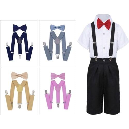 Suspenders Set for Children Adjustable Polyester Material Y-Shape Clips Kids Braces with Bow Tie