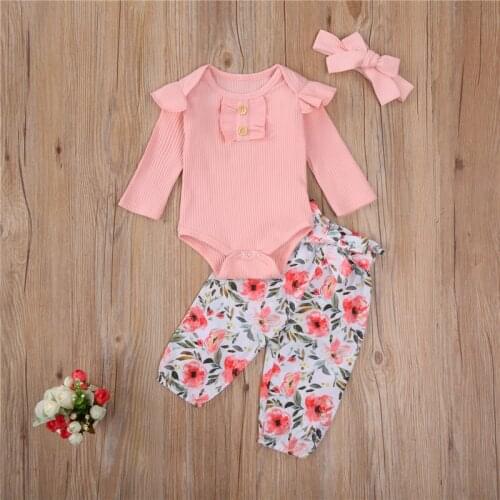 Floral Printed Baby Girls Ribbded Suit Ruffles Solid Lace Long Sleeve Top Flower Printing Long Pants and Hairband 3-piece Suits