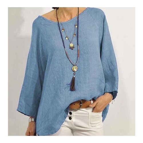 Womens Round Neck Casual Loose Cotton Linen Blend Plus Size Blouse Shirt