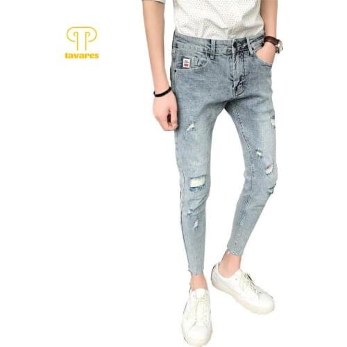 TAVARES 3 Styles Men Stretchy Ripped Skinny Biker Embroidery Print Jeans Slim Fit Denim Scratched Jean