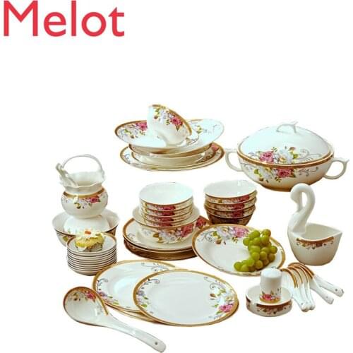 High End Bone China Tableware Set Jingdezhen Ceramic Utensils, Dishes, Plates and Spoons 60 Pieces of European Wedding Gifts
