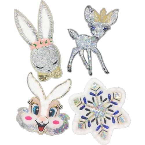 1pc Rabbit deer sequin feather embroidery Patches for clothing DIY sew on animal parches Embroidery lace appliques