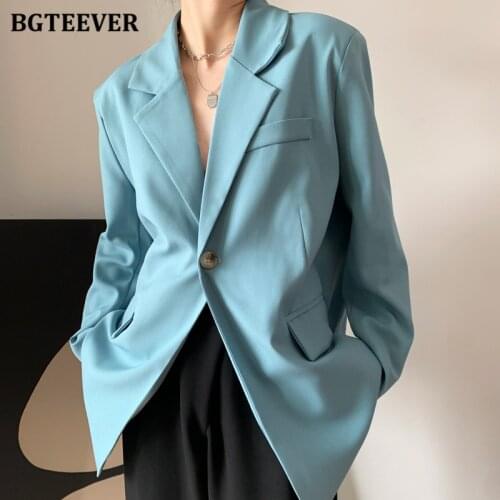 BGTEEVER 2021 Summer Single Button Solid Blazer Jacket for Women Stylish Chic Loose Female Outwear Ladies Long Sleeve Jacket