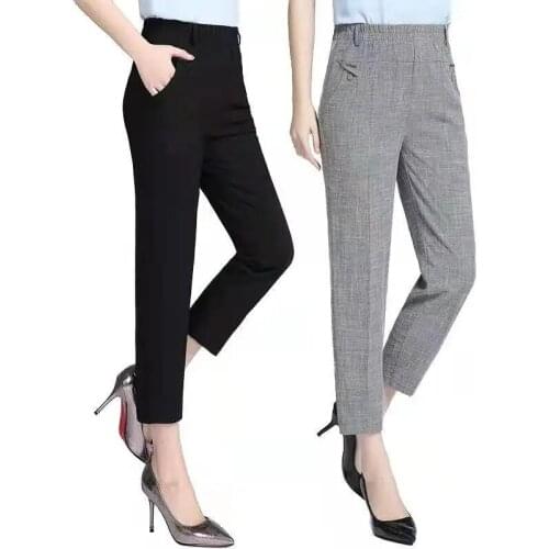 Plus Size 5XL Mothers Cotton Linen Pants 2021 Summer Middle Aged Women High Waist Straight-leg Pants Casual Calf-Length Pant