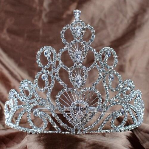 Stunning Large Tiaras Wedding Bridal Crowns 14.5cm Hearts Clear Austrian Rhinestones Crystal Pageant Prom Party Headband