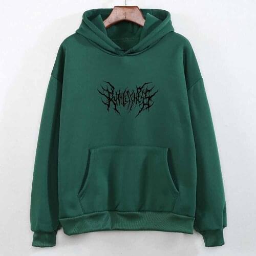 Dark Green Oversized Hoodie Women Gothic Graphic Punk Clothes Pullover Hoodie Streetwear Kangaroo Pocket Print Long Sleeve