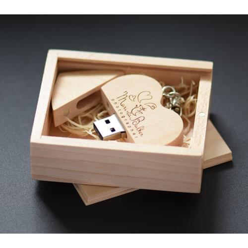 JASTER 2.0 Free Custom LOGO Pendrive 128GB Wooden Heart USB + BOX Flash Drive 64GB Maple Disk Photography Wedding Gifts Stick