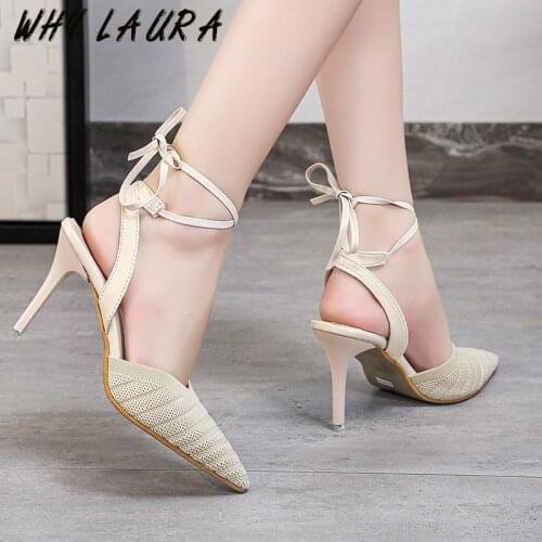 Knitted pointy toe sandals womens summer 2021 new high heels, stiletto toe sandals, monograph dress, high-heeled shoes for wome