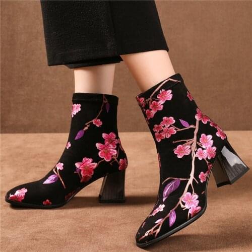 Women Velvet Rough High Heels Embroider Flowers Wedding Party Pumps Shoes Lady Hi-Top Slip On Round Toe Ankle Boots Casual Shoes