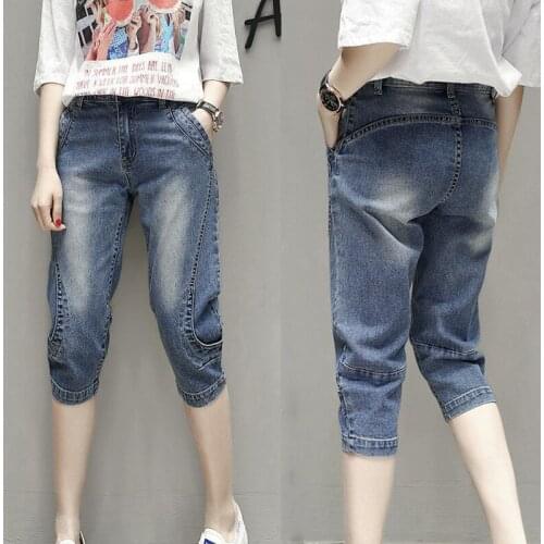 2020 New Summer Capris Jeans Stretch Plus Size 5XL Female Harem Denim Pants High Wasit Cotton Loose Knee Length Jeans Women Y343