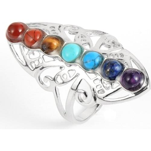 Women Men Natural Stone 7 Chakras Tiger Eye Cabochons Finger Rings Agates Amethysts Quartz Resizable Healing Reiki Ring Jewelry