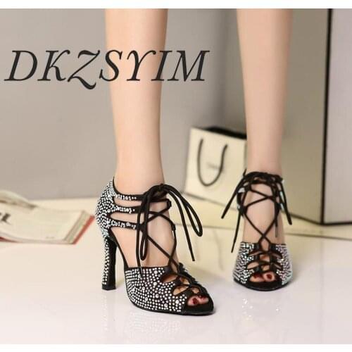 DKZSYIM Women Latin Dance Shoes Gold/Silver/Black Ballroom Tango Sandals Girls Sequined Cloth Paryt/Wedding shoes High-Helled