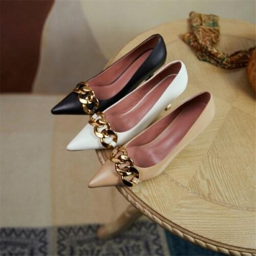 2021 New Brand Women High Heels Shoes Pump Fashion Gold Chain Pointed Toe Sandals Summer Ladies Party Formal Pumps Shoes