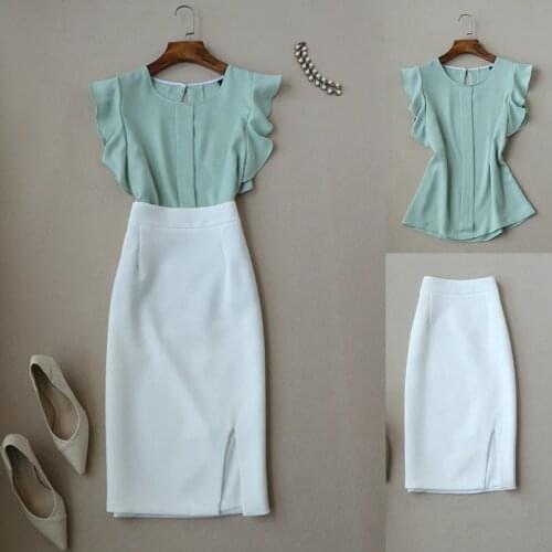 2 piece set women fashion elegant temperament commuter set decoration ladies sleeveless chiffon shirt+high waist skirt two-piece