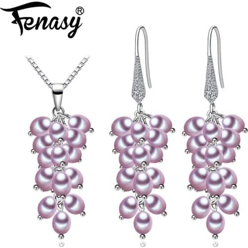 FENASY Trendy Pearl Long Earring 925 Sterling Silver Jewelry Sets For Women Freshwater Pearl Jewelry Sets Nceklace Earrings