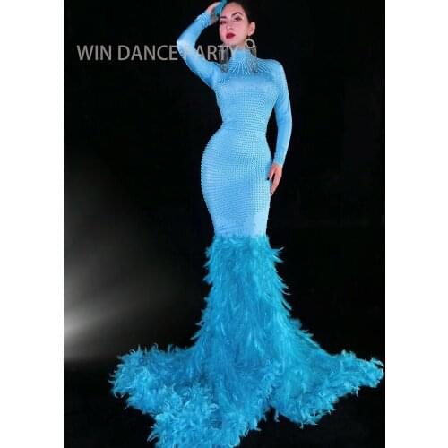 Blue full beads Dress Stage Wear Big Stretch drag queen dress Singer Evening Performance Feather long tail dress