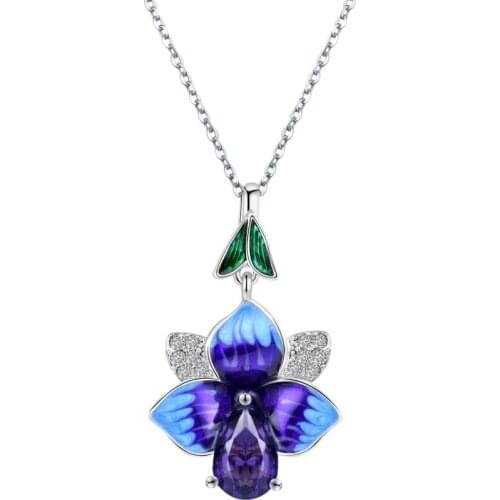 2020 Bohemia Blue Blooming Flower Petal Silver Pendant Necklace Women Delicate Blue Enamel Wedding Engagement Charm Necklace