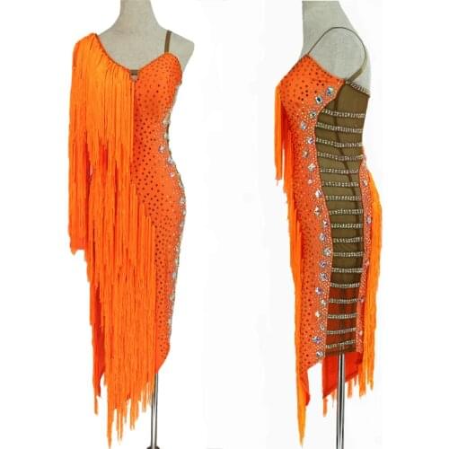 2020 Full Tassels Rhinestone Latin Dance Competition Dress Female Samba Costume Sexy Mesh Orange Fringe Latin Dance Dress BL4520