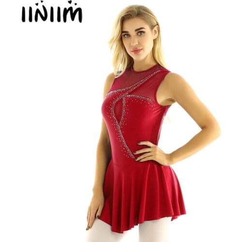 Iiniim Women Adult Keyhole Back Mesh Splice Bodice with Shiny Rhinestones Figure Ice Skating Dress Ballet Dance Leotard Dress