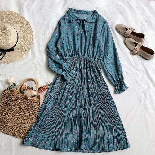 Elegant Bow Ruffles Women Dress Long Sleeve Floral Female Chiffon Pleated Dress 2020 Spring summer Vestidos femme