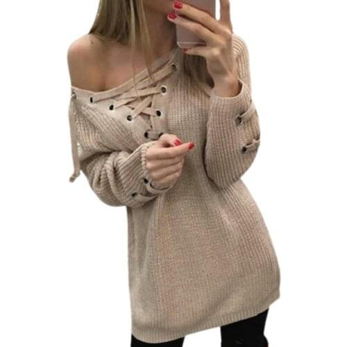 Women Long Sleeve Lace-up Knitted Sweater Dress Sexy V Neck Mid-Length Pullover 50JB