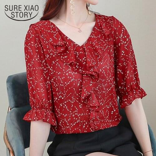 Chemisier Femme 2020 Summer New Fashion Floral Short Sleeve Chiffon Shirt Women Summer Tops and Blouse Elegant Ruffle Tops 9921