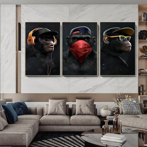 Black and White Industrial Style Creative Gorilla Wearing Headphones Hat Wall Art Canvas Painting Poster Bedroom Study Home Deco