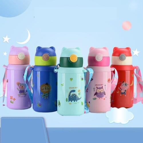 450ml Kids Thermos Mug With Straw Stainless Steel Cartoon Print Vacuum Flasks Children Cute Thermal Water Bottle Thermo Cup