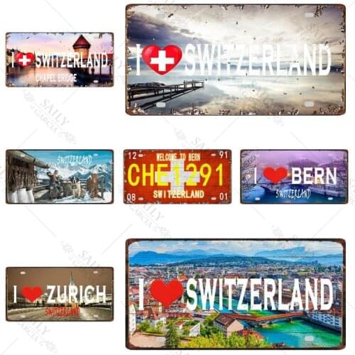 Welcome To Switzerland Modern Country Metal Decor Wall Art View of The City Metal Sign Tin Vintage Licenses Metal Plate for Pub