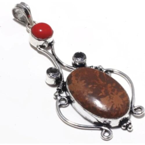 Impreal Jaspers + Coral Pendant Silver Overlay over Copper , 70 mm, P7259