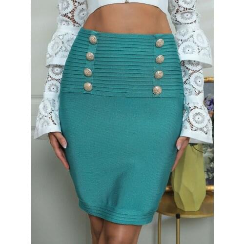 KLEEZY 2021 Bandage Mini Pencil Skirt Elegant Office Lady Celebrity Party Summer Single Button Skirts Women Clothing DH7491