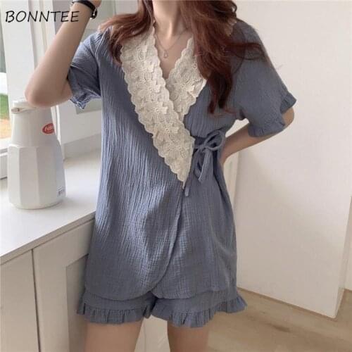 Pajama Sets Women 2 Piece Short Sleeve Patchwork V-Neck Top Loose Elastic Waist Pants Leisure Home Sweet Lovely Ulzzang Summer