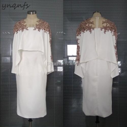 YNQNFS M06 Lace Applique White Tea Length Sheath Cocktail Evening Gowns 2018 Cape Shawl Half Sleeve Mother of the Bride Dresses