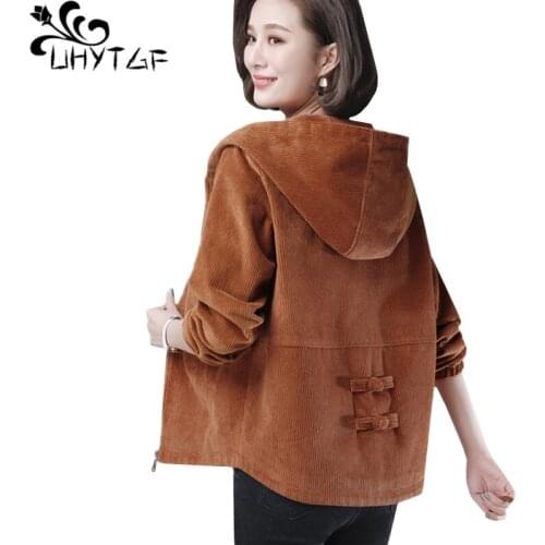 UHYTGF 5XL Oversized Jacket Women Quality Corduroy Casual Spring Coat Female Hooded Zipper Stitching Loose Short Outerwear 943