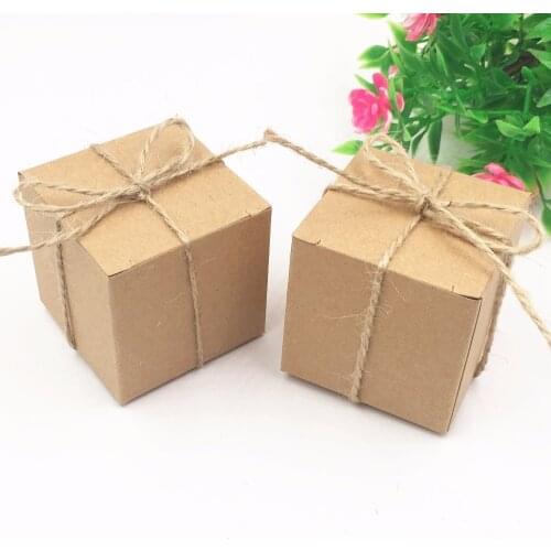 100pcs 5x5x5cm Square Kraft Paper Box With Jute Rope,Wedding Party Favor Chocolates/small cake/Gift/Candy Boxes