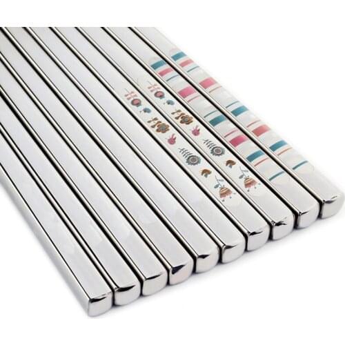 5pairs/pack 304 Stainless Steel 9'' Square chopstick Rainbow Printed Korean Chopsticks Durable Chinese Chopstick Cutlery Set