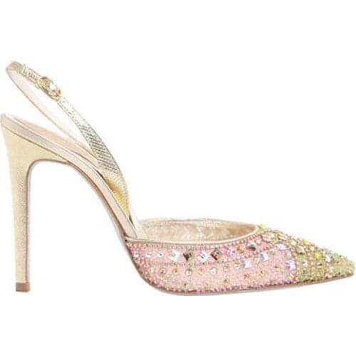 Carpaton Autumn Newest Pointed Toe High Heel Shoes Mesh Grid Crystal Embellished Wedding Heels Sexy Slingback Dress Shoes