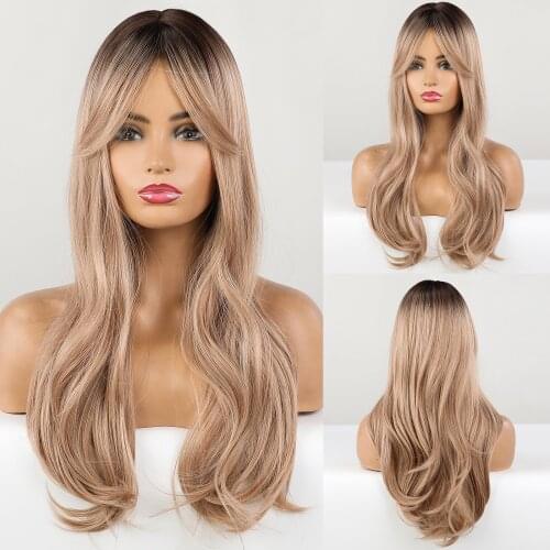 Long Light Ash Brown Blonde Natural Wavy Synthetic Wigs with Bangs Heat Resistant Fiber Daily Party Hair Cosplay Wigs for Women