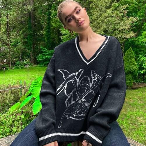 Cartoon Pattern Sweaters Women Oversized Pullovers Harajuku Aesthetic Streetwear Jumper Korean Knitwear Autumn Preppy Style