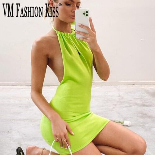 Sexy & Club Halter Mini Dresses Solid A-Line Female Dress Bodycon Skinny Party Sleeveless Backless Fall Streetwear Beach Holiday
