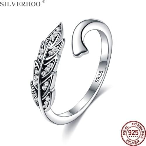 SILVERHOO Authentic 925 Sterling Silver Feather Wings Open Adjustable Finger Rings For Women Small Zircon Vintage Ring Jewelry