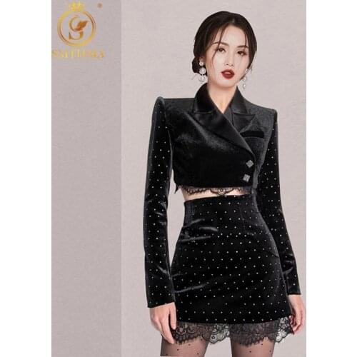 SMTHMA New Fashion Two Piece Set Dot Velvet Long Sleeve Black Jacket + High Waist Lace Patchwork Skirt Suit