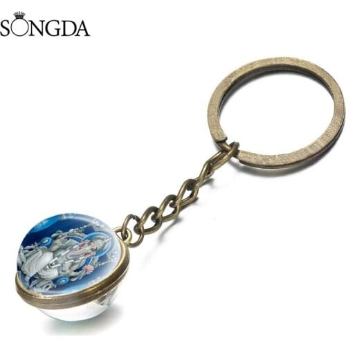 SONGDA Ganesh Idol Yoga Buddha Mandala Ganesha Double Side Glass Keychain Daily Decorations Key Chains For Men Women Bag Jewelr